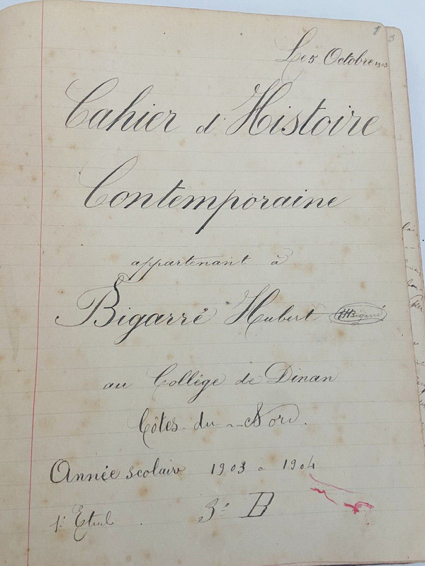 ð Ancien Cahier Scolaire D'Histoire Contemporaine CollÃ¨Ge De Dinan, 1903-1904
