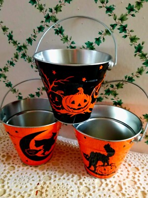3-VINTAGE STYLE HALLOWEEN   TIN BUCKETS! JACK-O-LANTERN + WITCH + BLACK CAT!