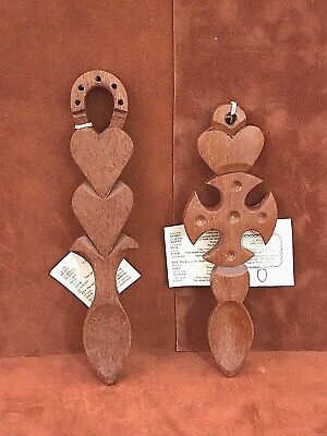 (2) Authentic HUW JONES Hand Carved Welsh Heart Love Spoons ~ NEW WITH TAGS