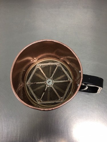 ALUMINUM FLOUR SIFTER COPPER BRIGHT BLACK SQUEEZE HANDLE MID-CENTURY