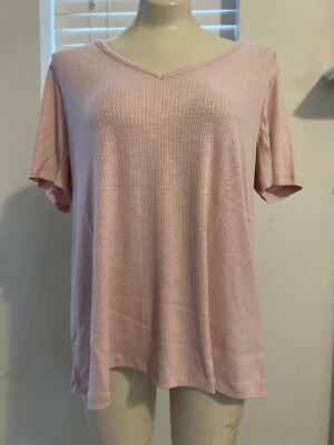 nwt old Navy Womens LARGE Pink Luxe Vneck Ribbed Short Sleeve Top