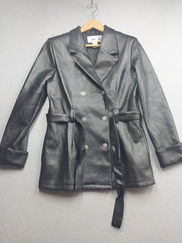 Louise Paris Faux Leather Jacket Womens Size Medium Belted Pockets Long Sleeve