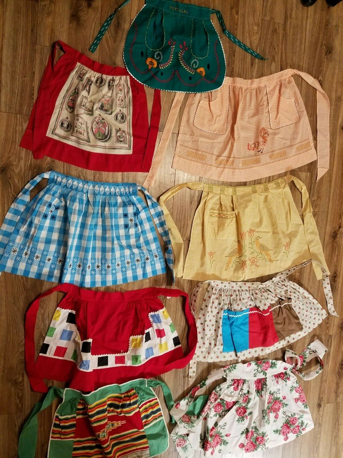 Vintage Mid Century Cotton Half Aprons Embroidery, Lace, Crochet, Ric Rac, Lot/9