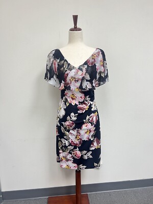 Connected Apparel Floral Print Knit Cape Dress Size 4 Navy Pink