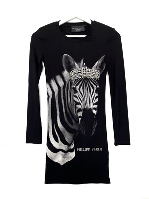 Philipp Plein Black Zebra Dress Rhinestone Size XS Viscose