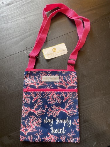 Simply Southern Crossbody Bag Eco material Blue Pink Reef Pattern NWT Adj Strap