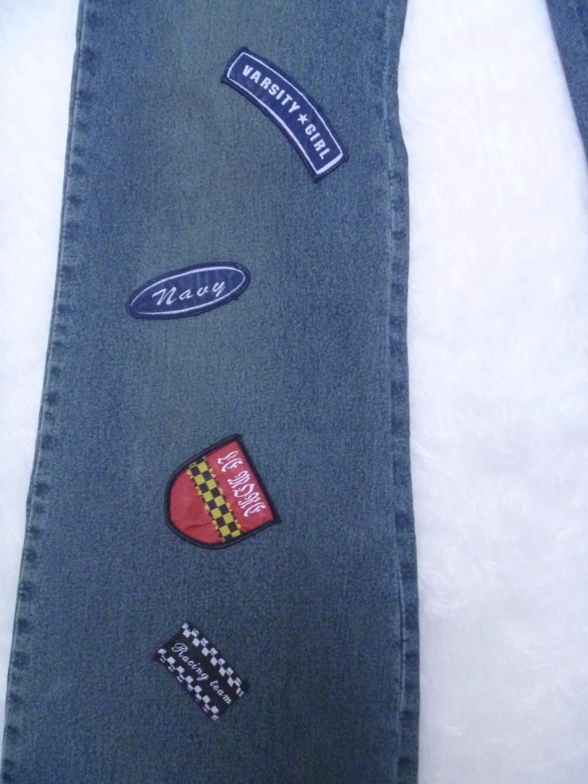LEMORE JEANS Embelllished Racing Fan blue denim jeans Juniors size 11 Cool!