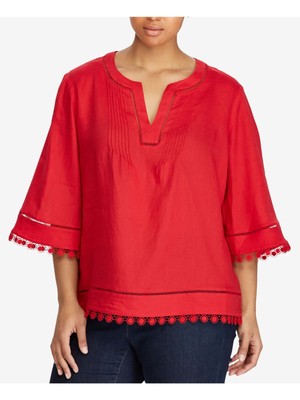 

RALPH LAUREN Женский красный топ из прозрачной ткани с льняной отделкой и рукавами 3/4 с разрезом плюс