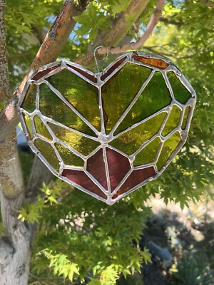 Handmade Stained glass Red Yellow Green Heart Sun catcher 8x7 Inch Approx,