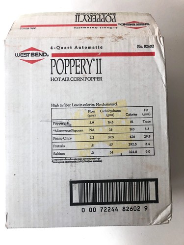 New NOS West Bend 4 Quart Automatic Poppery II Hot Air Corn Popper 82602