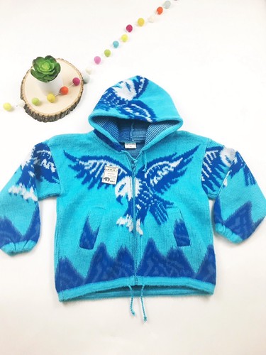Artesanias Sweater Girls Boy 4 Hooded Cardigan Ecuador Alpaca Wool Eagle Blue