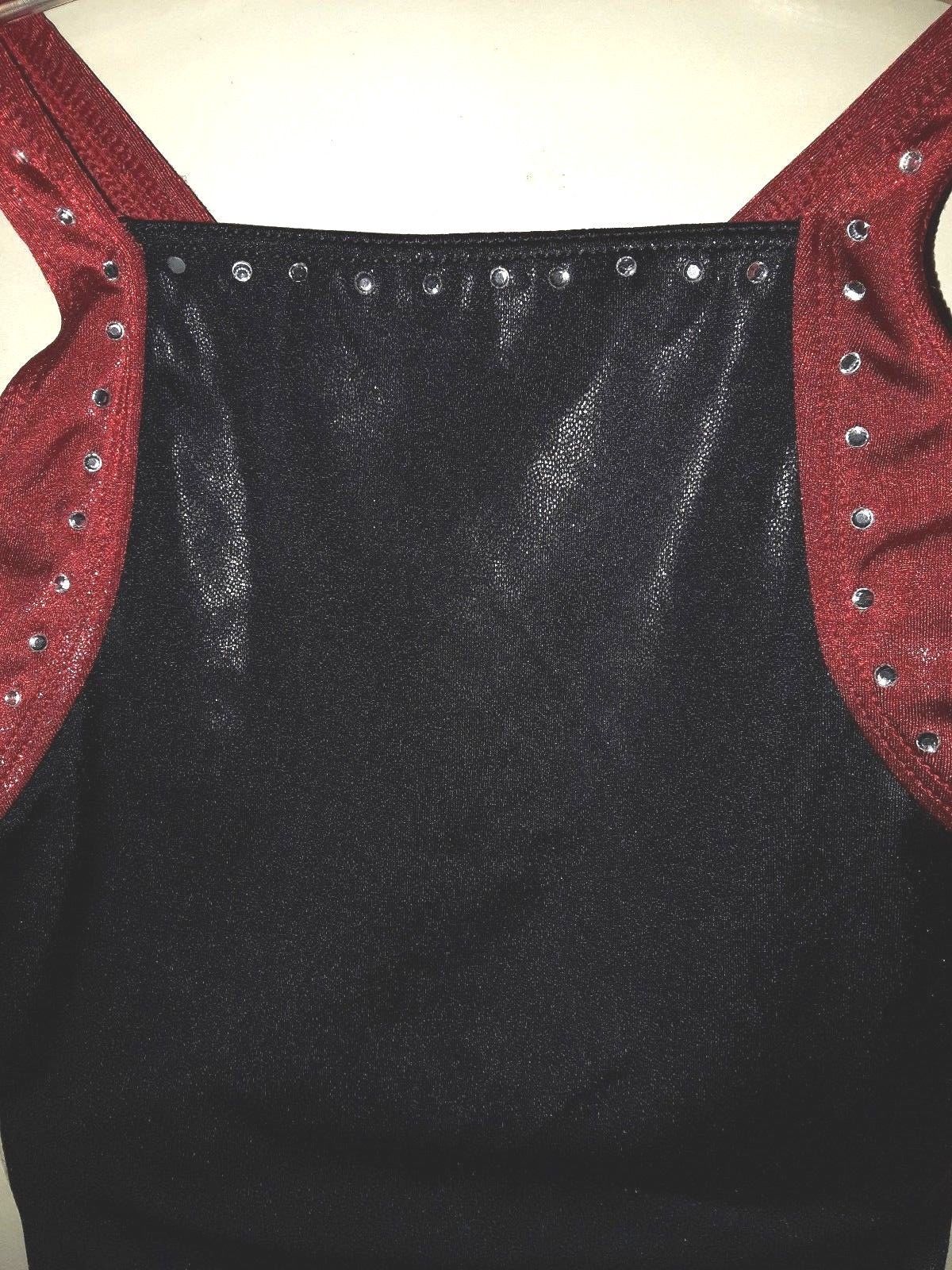 GK ELITE Size AS S Leotard Black Red Shimmery Rhinestones Gymnastics