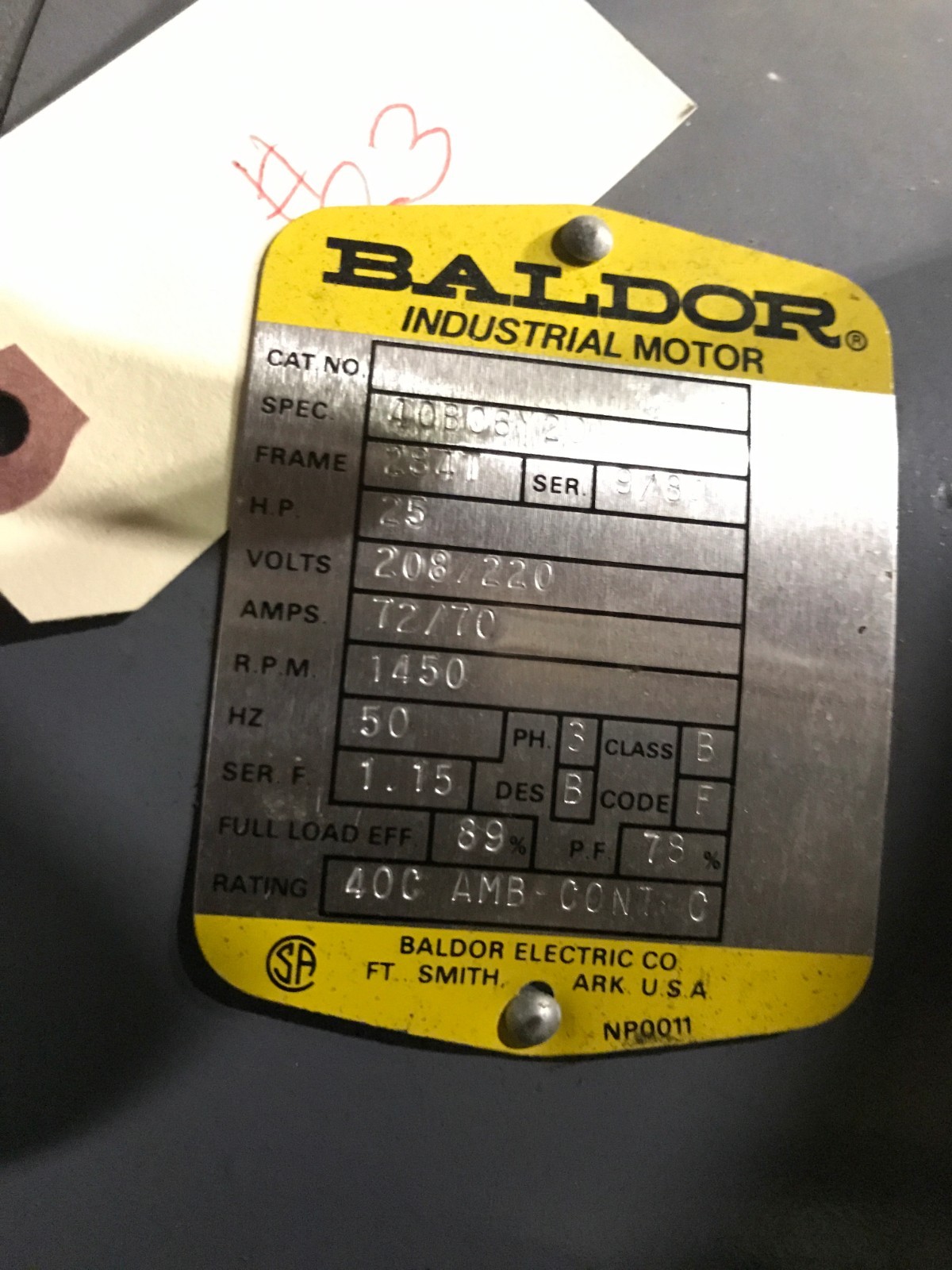 BALDOR 25 HP 1450 RPM 208/220 VOLT 3 PHASE MOTOR