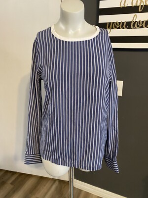 Equipment 100% Silk  Stripe Liam Tee With Contrast in Crown Blue & White XS New