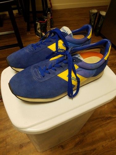 Vtg 70s ETONIC Running STREET FIGHTER Shoes Yellow Nylon Blue Suede Mens US 13