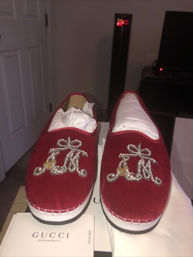Pre-owned Gucci Men's Red Rosso Velvet Sneaker Loafer With Am Appliqué 12g 13us 574881