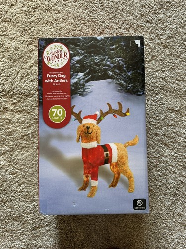 32” Tinsel Dog Goldendoodle w/ Antlers Light Up Yard Art Fuzzy Christmas Decor