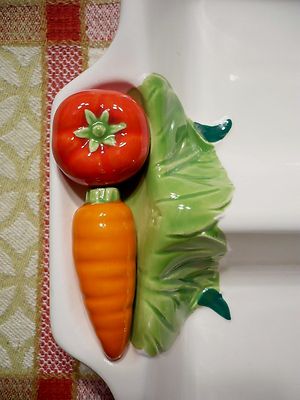 Vintage porcelain four-section tray with colorful, hand-painted vegetables. Exc