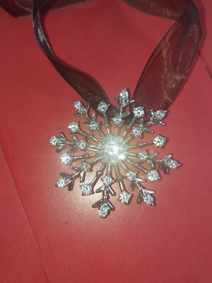JCM Diamonique 925 Sterling Silver Snowflake Pendant Pin Ribbon Choker Epiphany