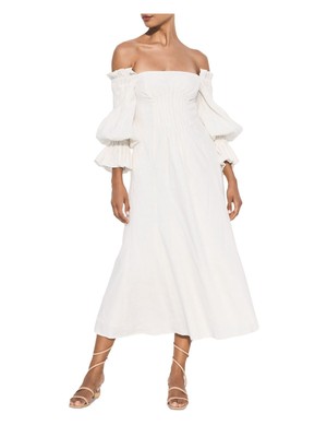 

CULT GAIA Женское платье миди с рукавом 3/4 на подкладке цвета слоновой кости с открытыми плечами + расклешенное платье, Цвет слоновой кости