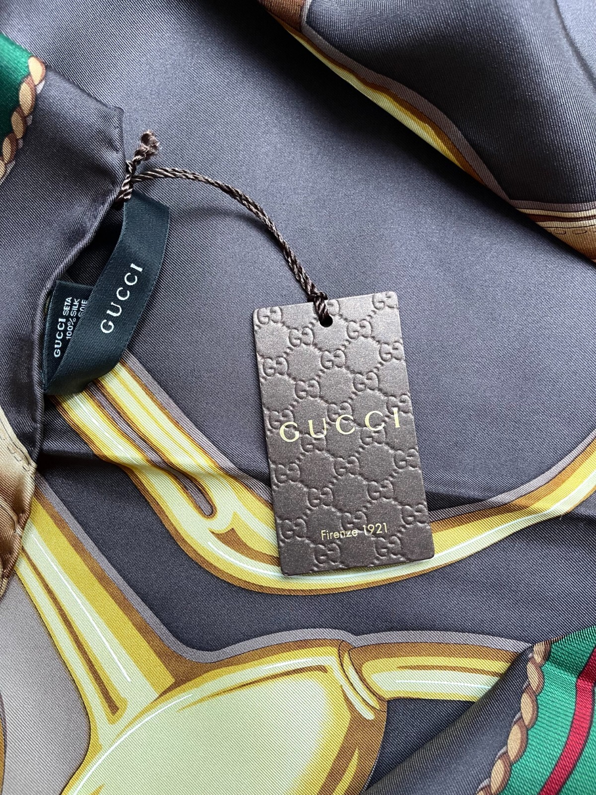 Pre-owned Gucci Unisex  Silk Wrap Logo Print Horsebit Equestrian Brown Beige Scarf