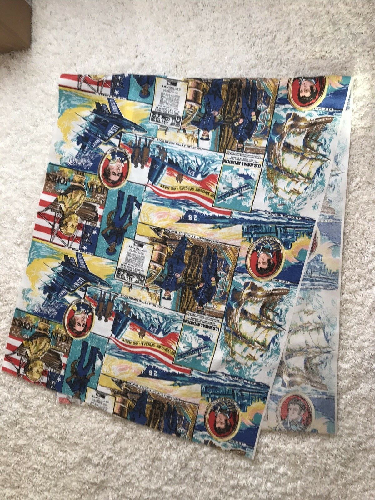 Mid Century Modern Fabric Clothe Textile Navy Ships Airplanes USA John Jones