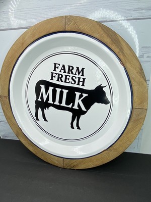 Farm Fresh Milk Cow White Enamel W/ Wood Trim Round Tray Platter NEW 19 