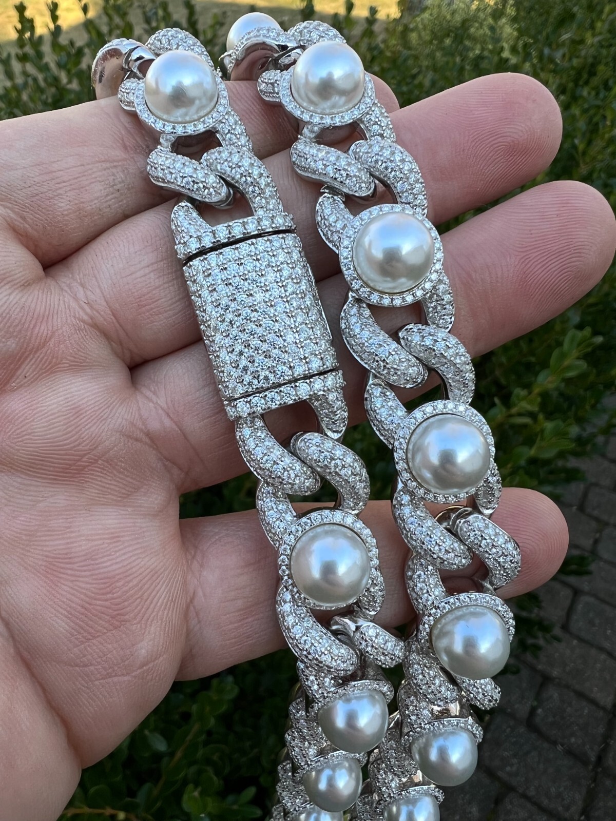 Pre-owned Harlembling Mens Ladies Hip Hop Iced Moissanite Infinity Link 15mm Necklace W. Pearl 14-24" In Silver