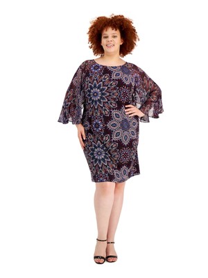 CONNECTED APPAREL Womens Purple Flutter Sleeve Fit + Flare Dress Plus 18W