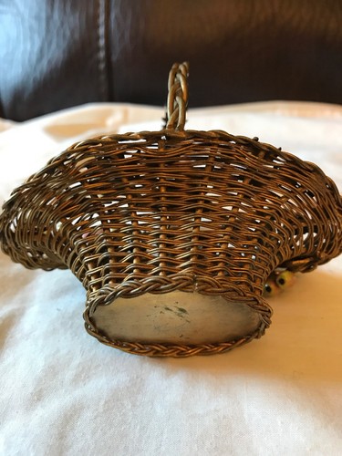 Woven Brass Perfume Basket Victorian w/Glass Fruits & Butterflies 1890