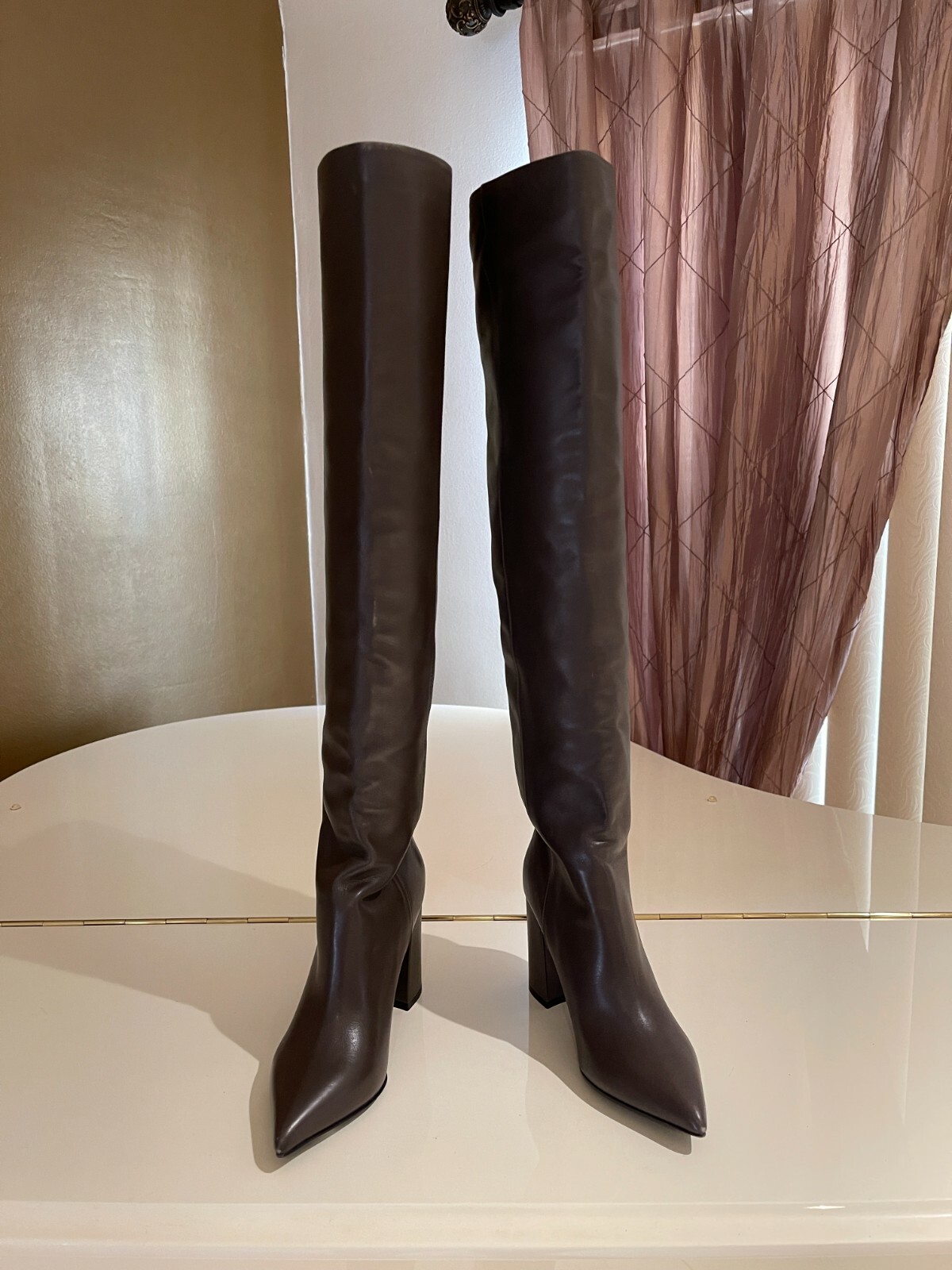 Pre-owned Tabitha Simmons Women's Izzy High Heel Over The Knee Boots Color Army Size 36.5 In Brown