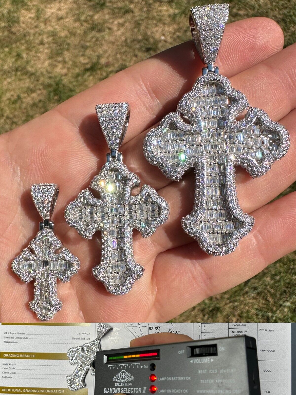 MOISSANITE Gothic Cross Pendant Iced Baguette Necklace Real MOISSANITE Gothic Cross Pendant Iced Baguette Necklace Real