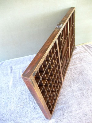 Antique Type Tray Primitive Printer's Shadow Box, 103 Sections, Metal Handle