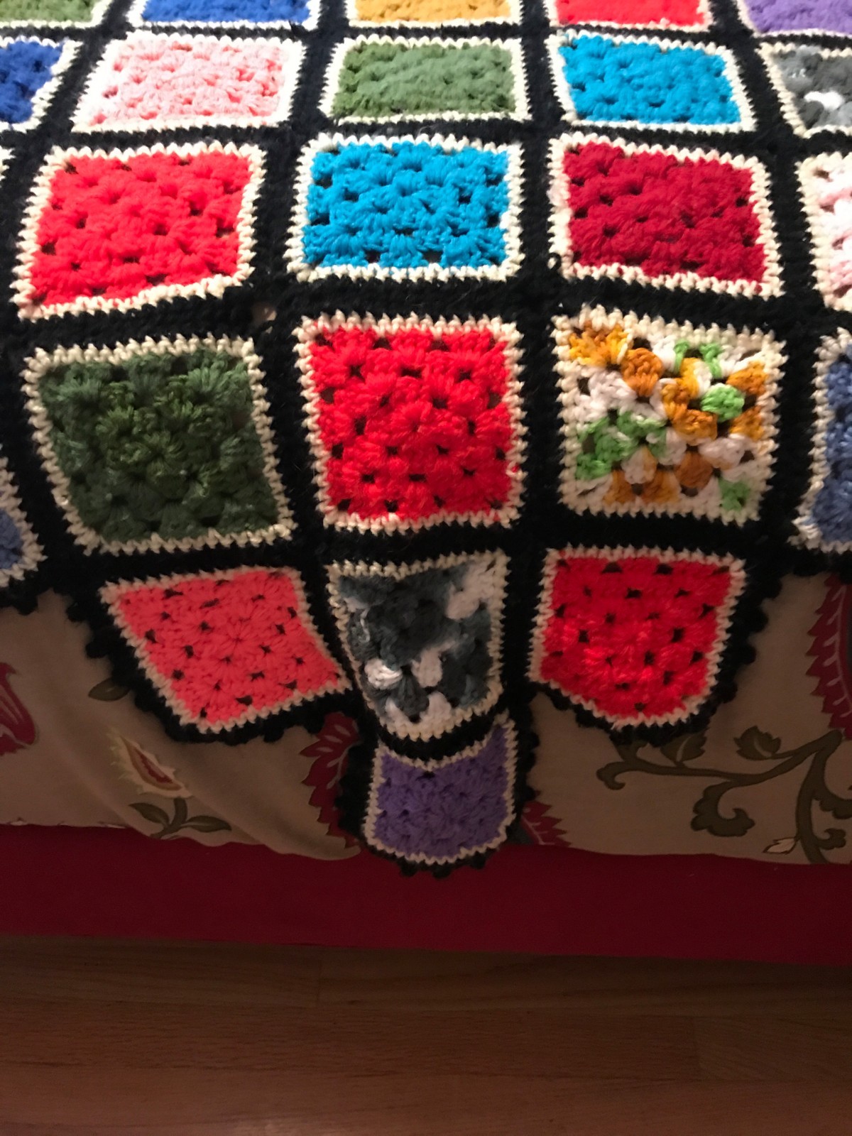 Large Vibrant Multi Colored 4 pointed Hand Crocheted Vintage Blanket- 87 x 87 In