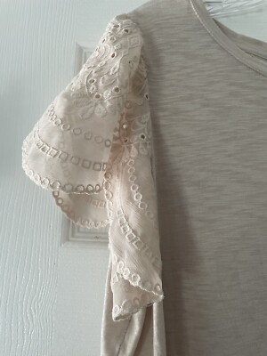 Express Women Size Large Beige Lace Sleeves Soft Modal Blend Top Shirt