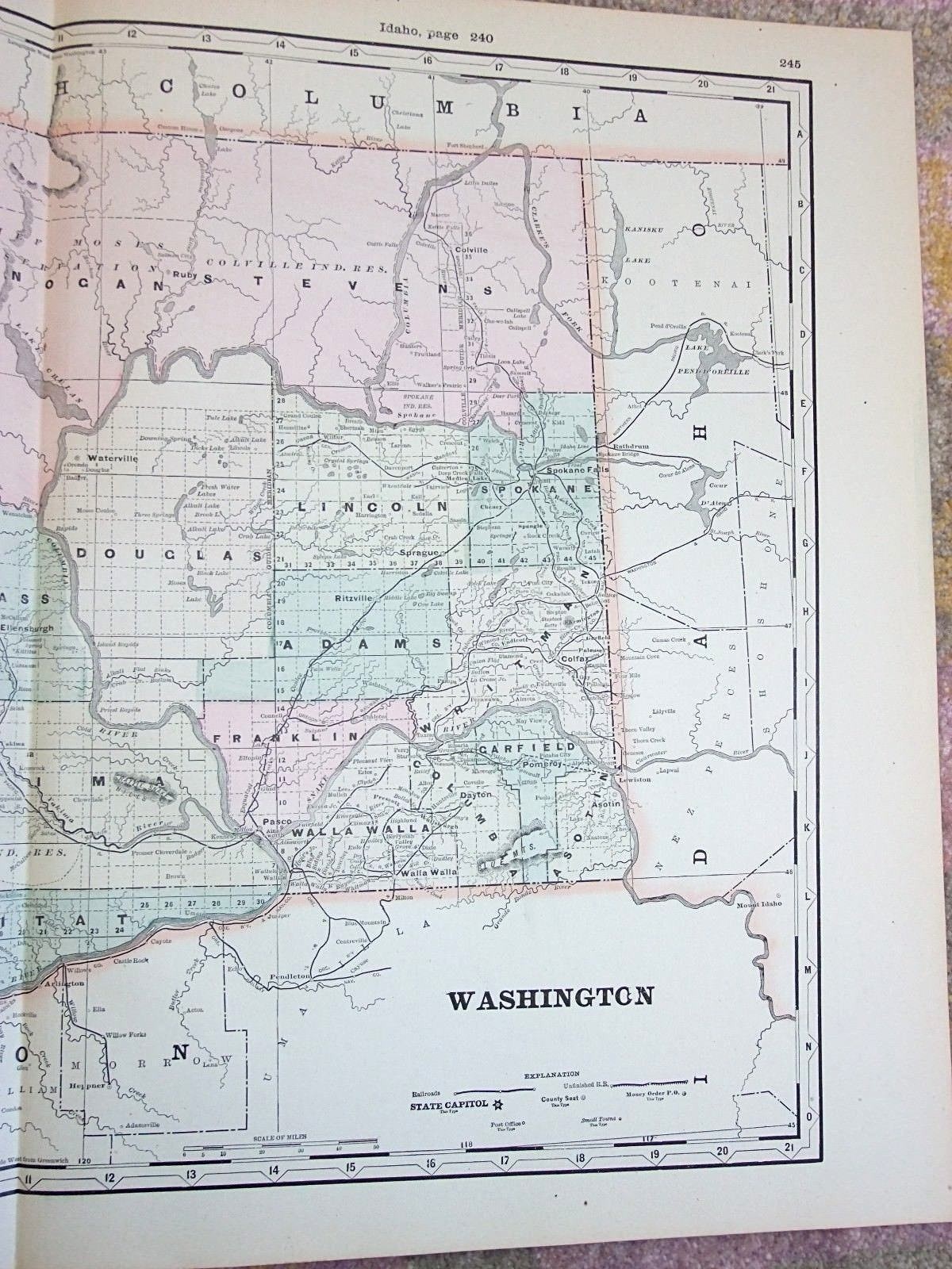 Antique 1890 Map, WASHINGTON State, Original Vintage Atlas Map, 17.5