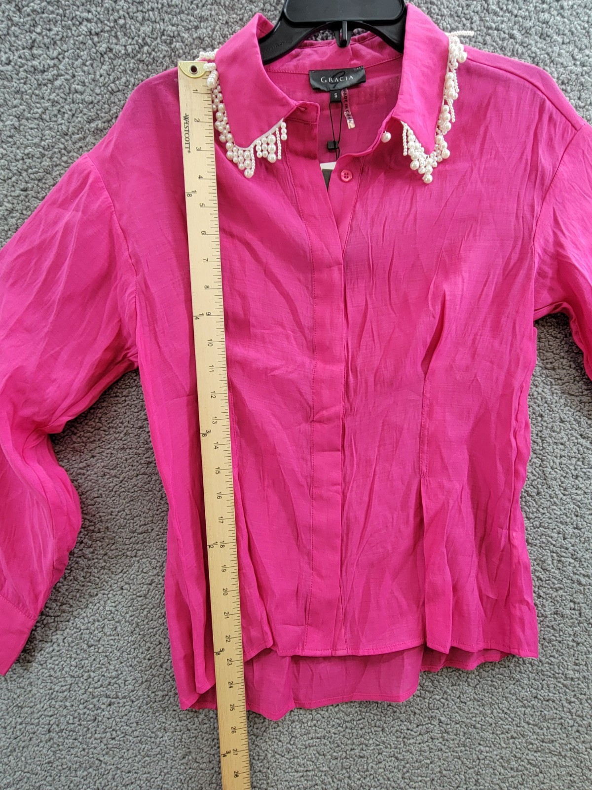 Gracia Faux Peal Trim Collar Top Women's S Fuchsia Button Front Placket L/S - Picture 5 of 14