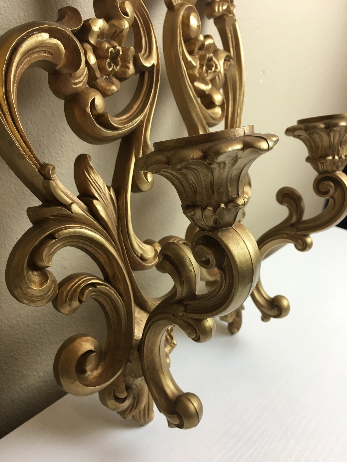 Vintage 1971 Floral Scroll Filigree Sconces Candle Holder Wall Hanging MCM HOMCO