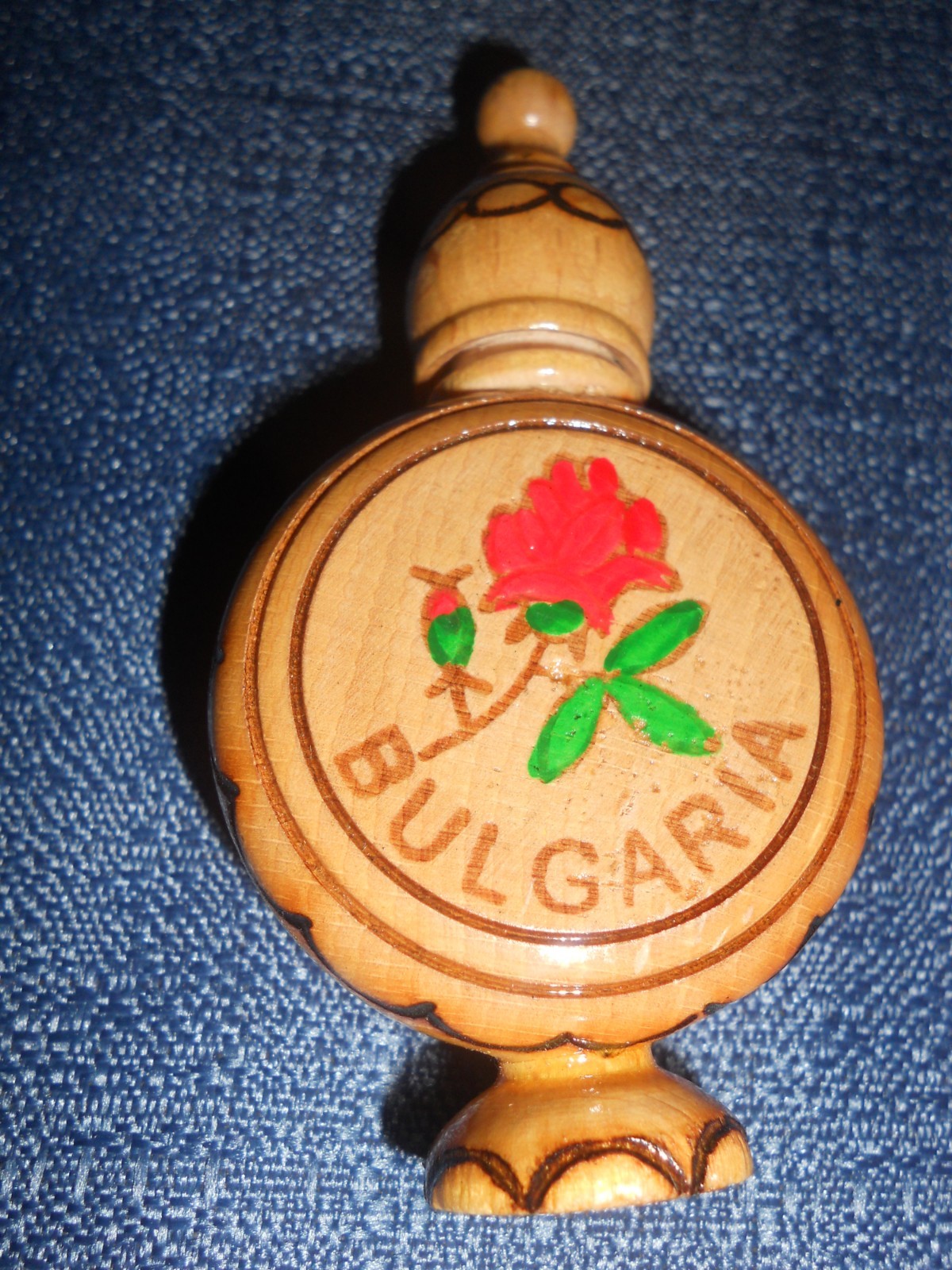 Bulgarian Small Wooden Perfume Bottle Holder w Rose Oil Perfume Hand Crafted