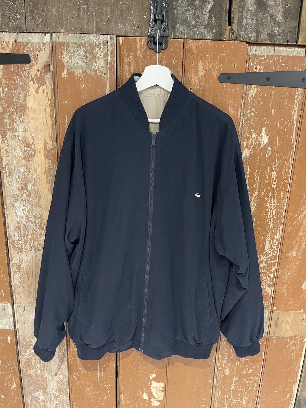 Vintage Lacoste Reversible Bomber Jacket Coat Navy Tan