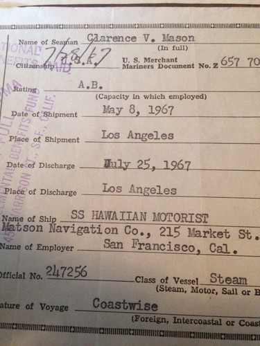 3 1967 U.S. Coast Guard Certificate of Discharge Merchant Seaman Steam Vessels