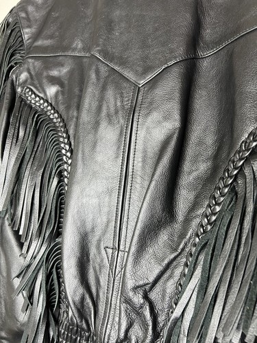 Vintage Wilsons Leather Black Leather Fringe Embossed Motorcycle Jacket Size M
