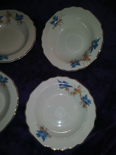 lot 4 Berry Dessert Bowls RARE W S George derwood Beautiful Blue Bird Gold Trim