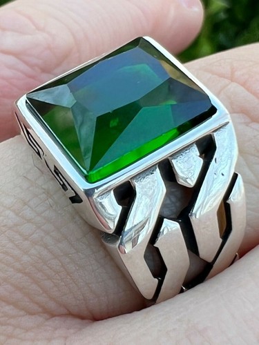 Mens Real Solid 925 Sterling Silver Green Stone Big Gem