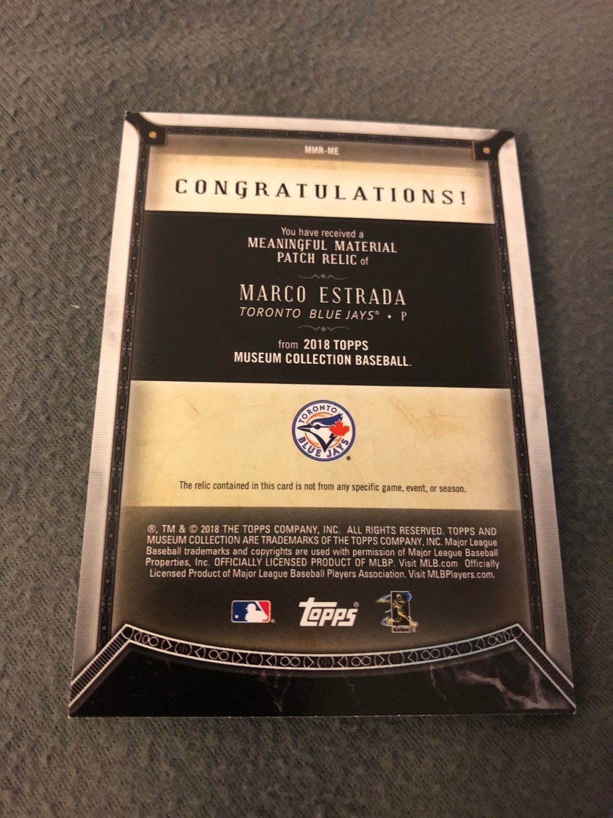 2018 Topps Museum Collection Marco Estrada Jersey Patch Relic Card 7/10