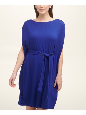 Женское синее платье-сорочка DKNY с круглым вырезом выше колена и поясом XS
