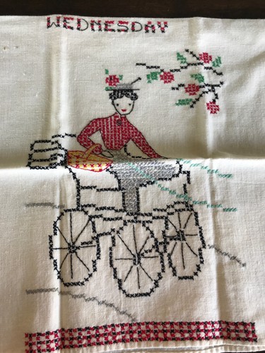 Partial Set of Vintage Cross Stitch Days of Week Kitchen Towels Black Red Ladies