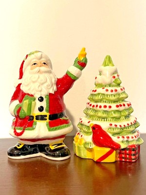 NEW Never Used FITZ & FLOYD Salt Pepper Shakers CHRISTMAS Ceramic SANTA & TREE 