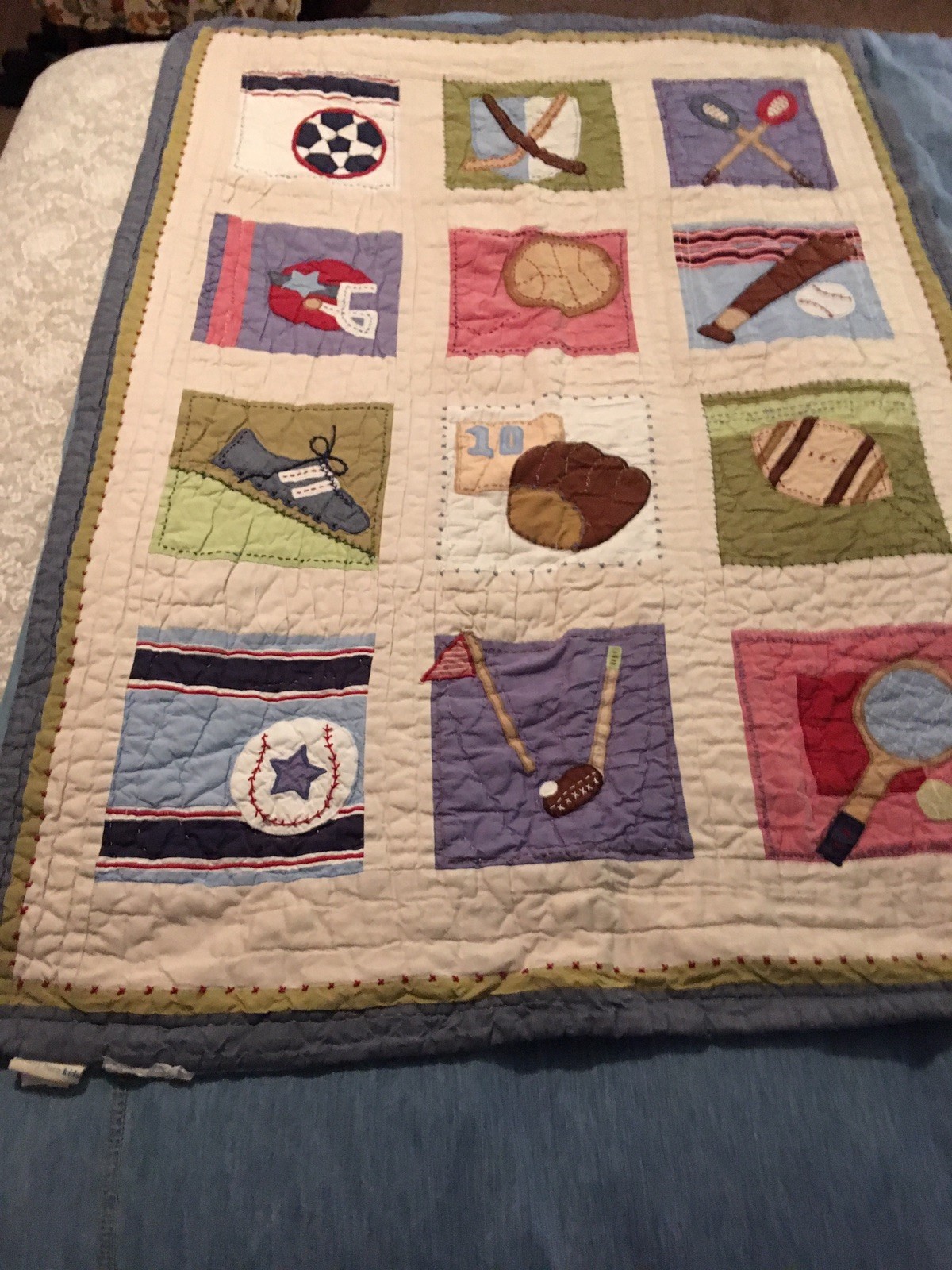 Pottery Barn Kids Toddler Crib Blue Quilt Blanket Sports  34 X 48