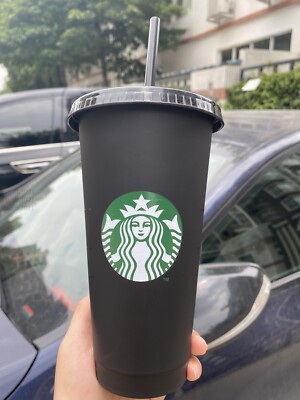 New Black Matte 24OZ Starbucks Plastic Cup With Lid & Straw, Reusable Cold Cup